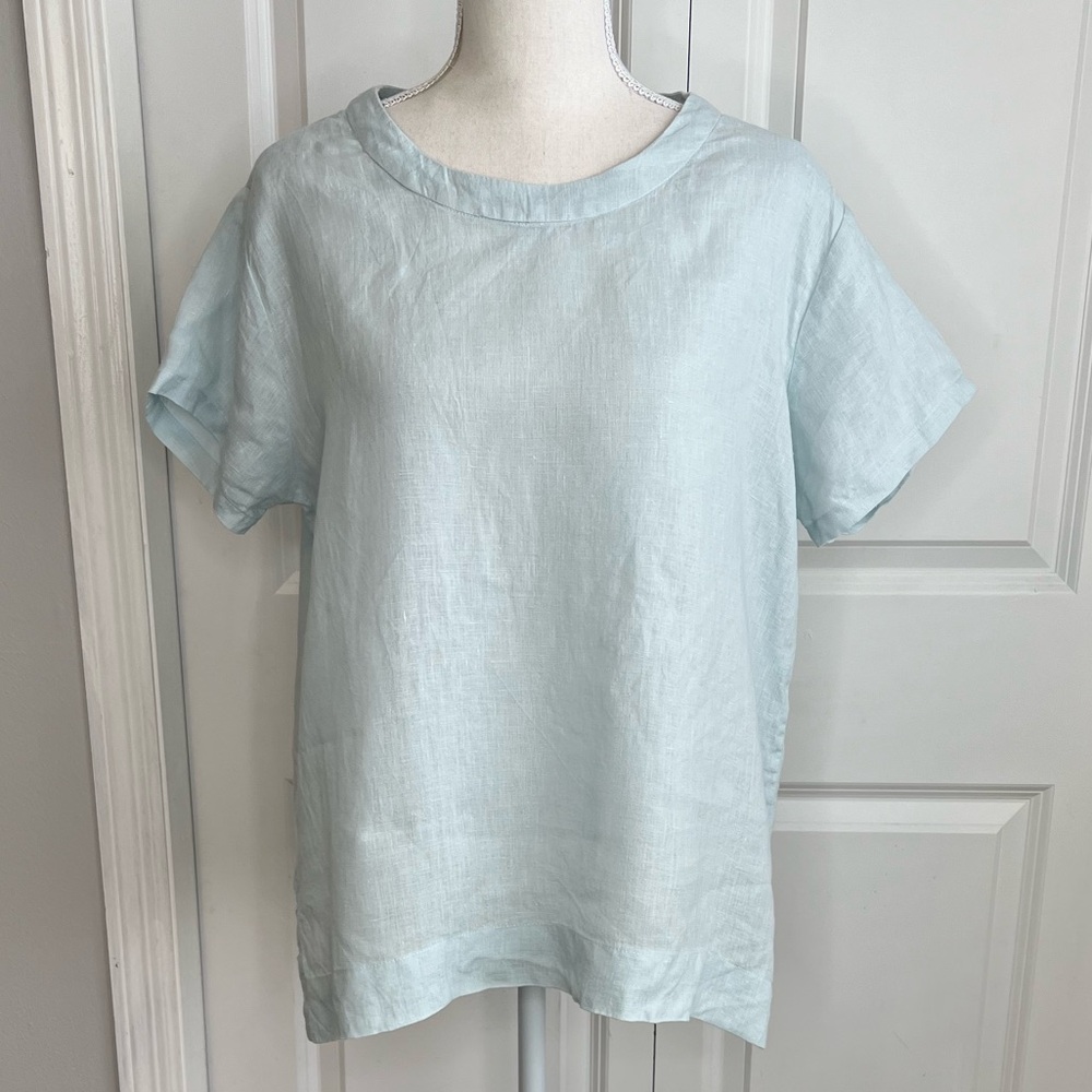 Petalura Light Blue Linen Short Sleeve Shirt Medium Crew Neck Coastal Vacation